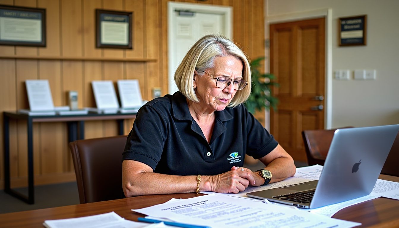 Club treasurer reviewing financial documents at her desk
